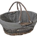 Panier Maria osier/bois déroulé cérusé gris tissu gris ovale