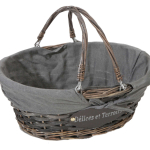 Panier Maria osier/bois déroulé cérusé gris tissu gris ovale