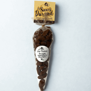 Amandes caramélisées enrobage chocolat lait 42%, poudre de cacao