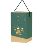 Coffret carton fourreau vert/dorure à chaud/cuivre décor Bonnes Fêtes/sapins