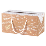 Coffret carton rectangle Bonnes Fêtes kraft/blanc/dorure à chaud cordelettes blanches